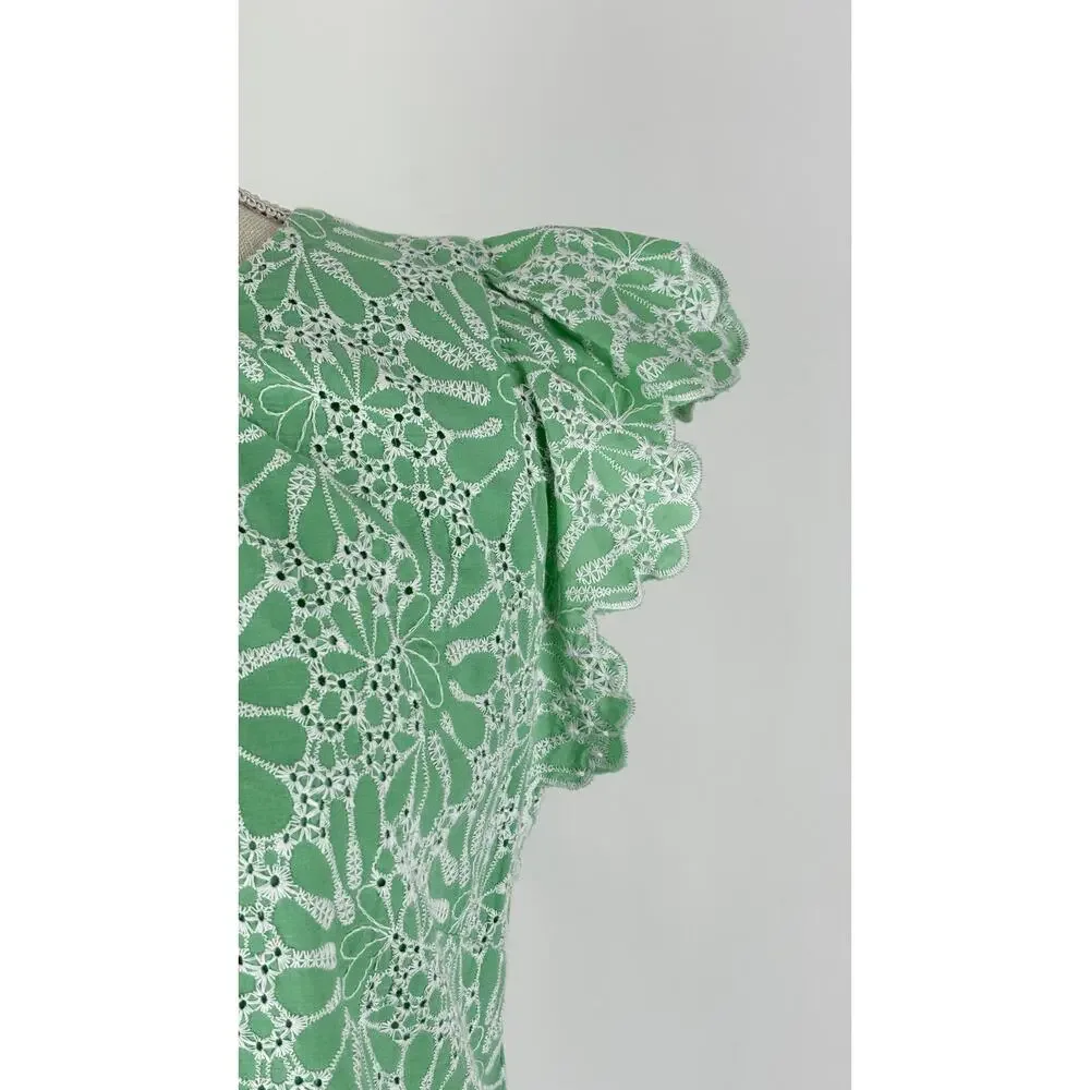Loft Eyelet Shift Dress Short Flutter Sleeve Womens Size 6 Green White New
